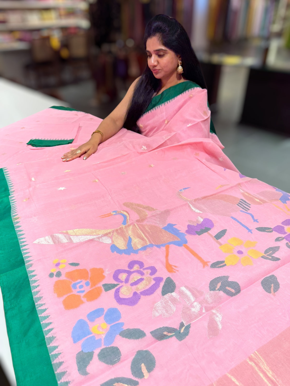 Lotus Pink Pure handloom Ponduru Khadi jamdani Saree with swan pallu
