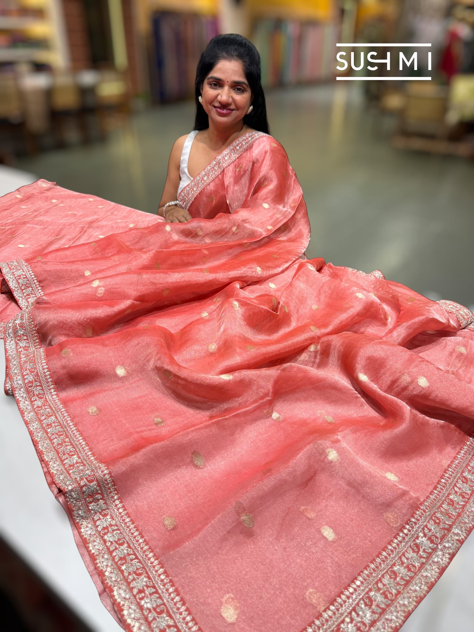 Coral Banarasi Tissue Saree : S62F223