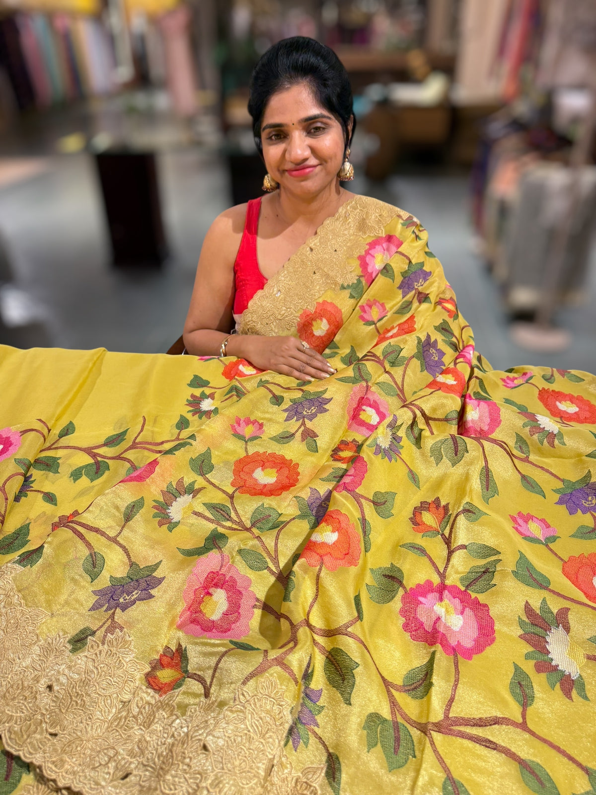 Yellow Tissue georgette with embroidery and cutwork border