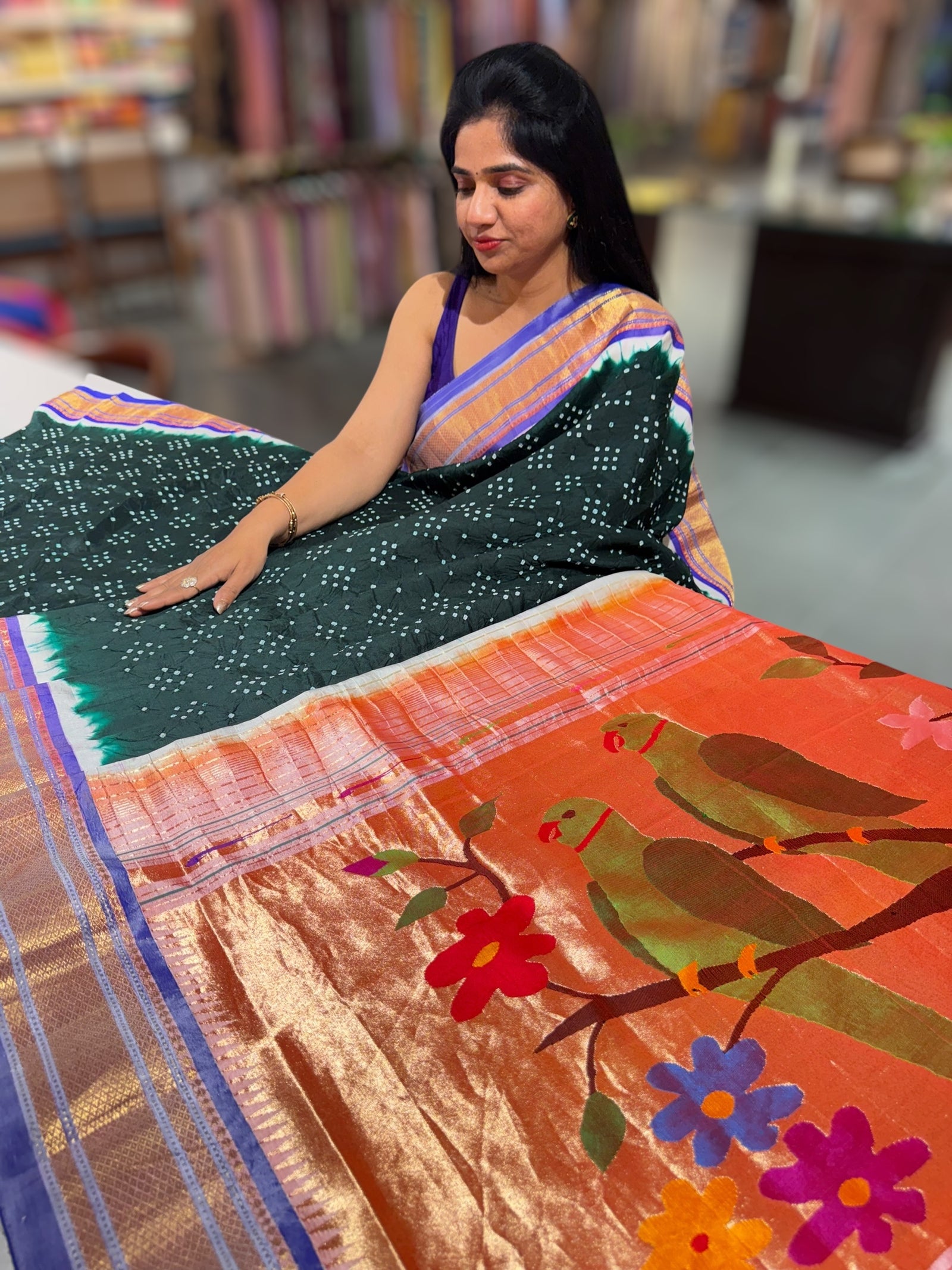 Forest Green Pure handloom Bandhini paithani saree