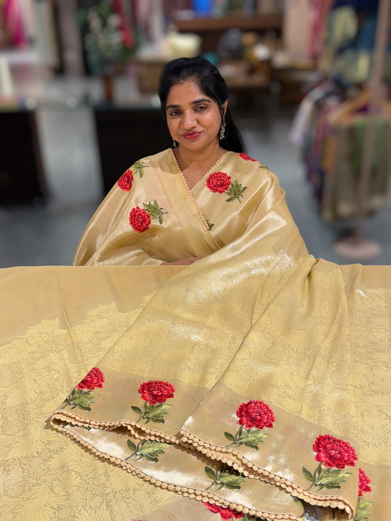 Pastel yellow Banarasi Brocade tissue saree with tonchui style weaving & embroidered dahlia flower border