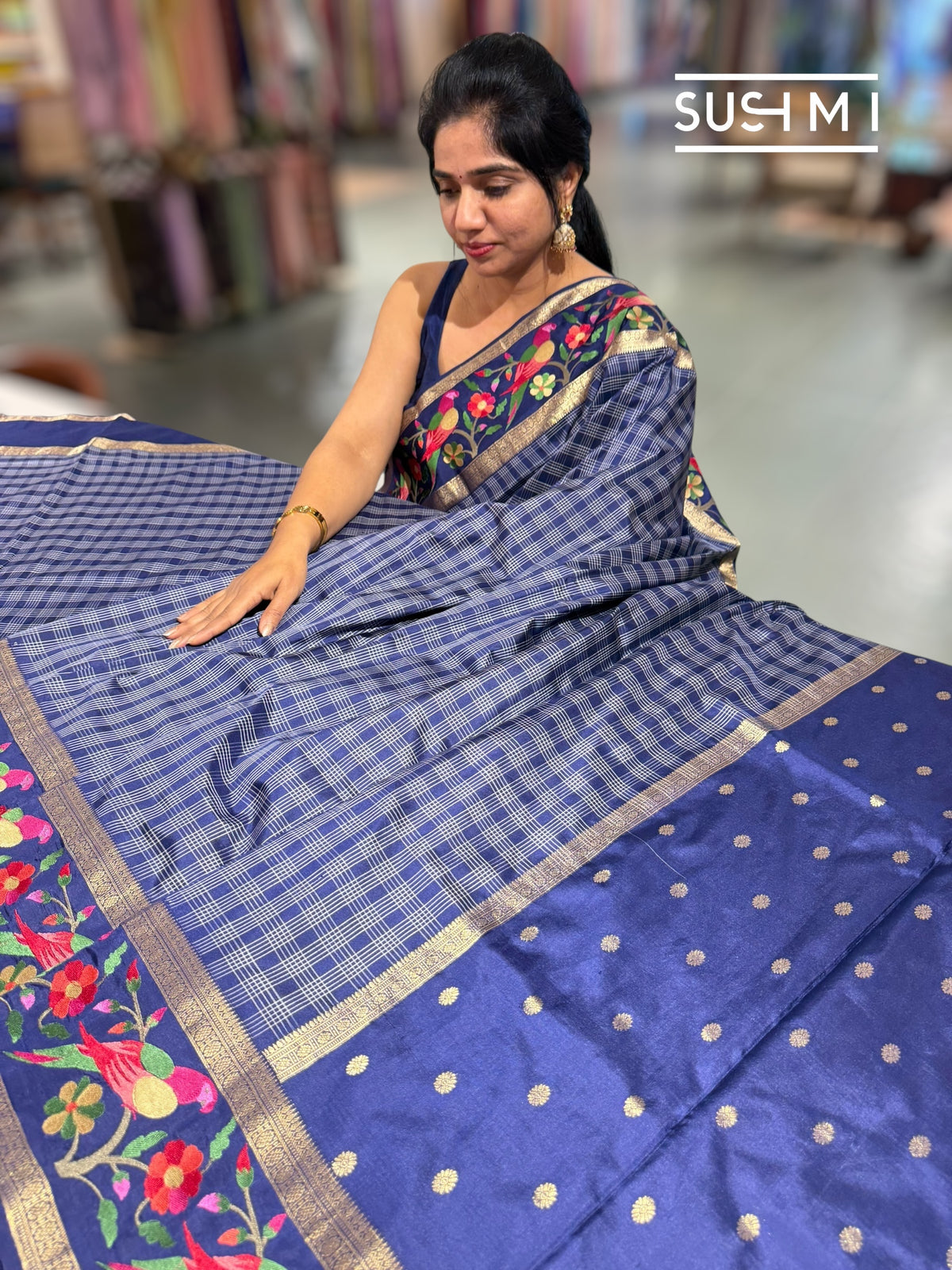 Midnight Blue Vintage checks Kanjeevaram soft silk saree with embroidery D62F040