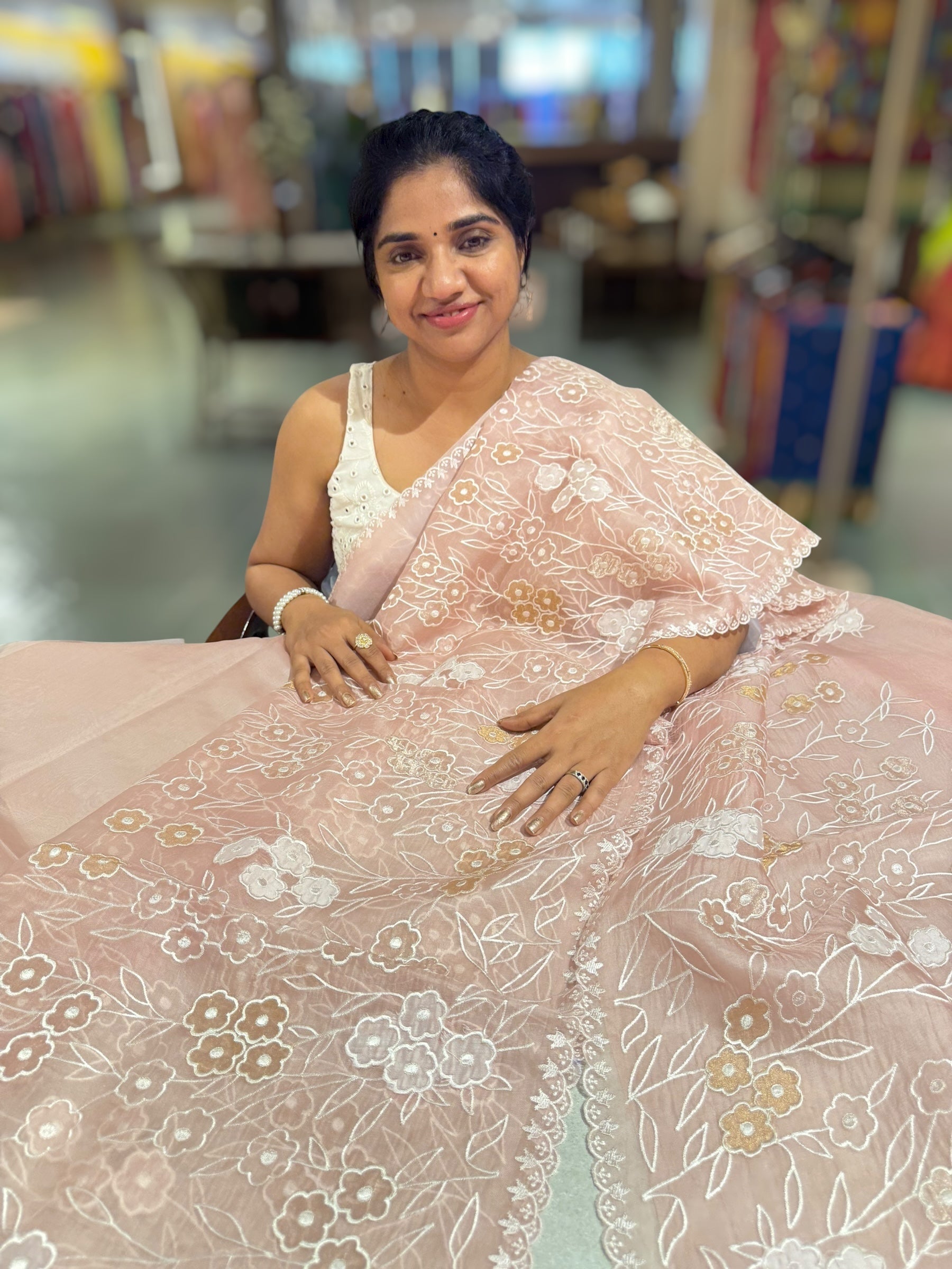 Dusty Pink Organza Saree With Tissue Applique Work