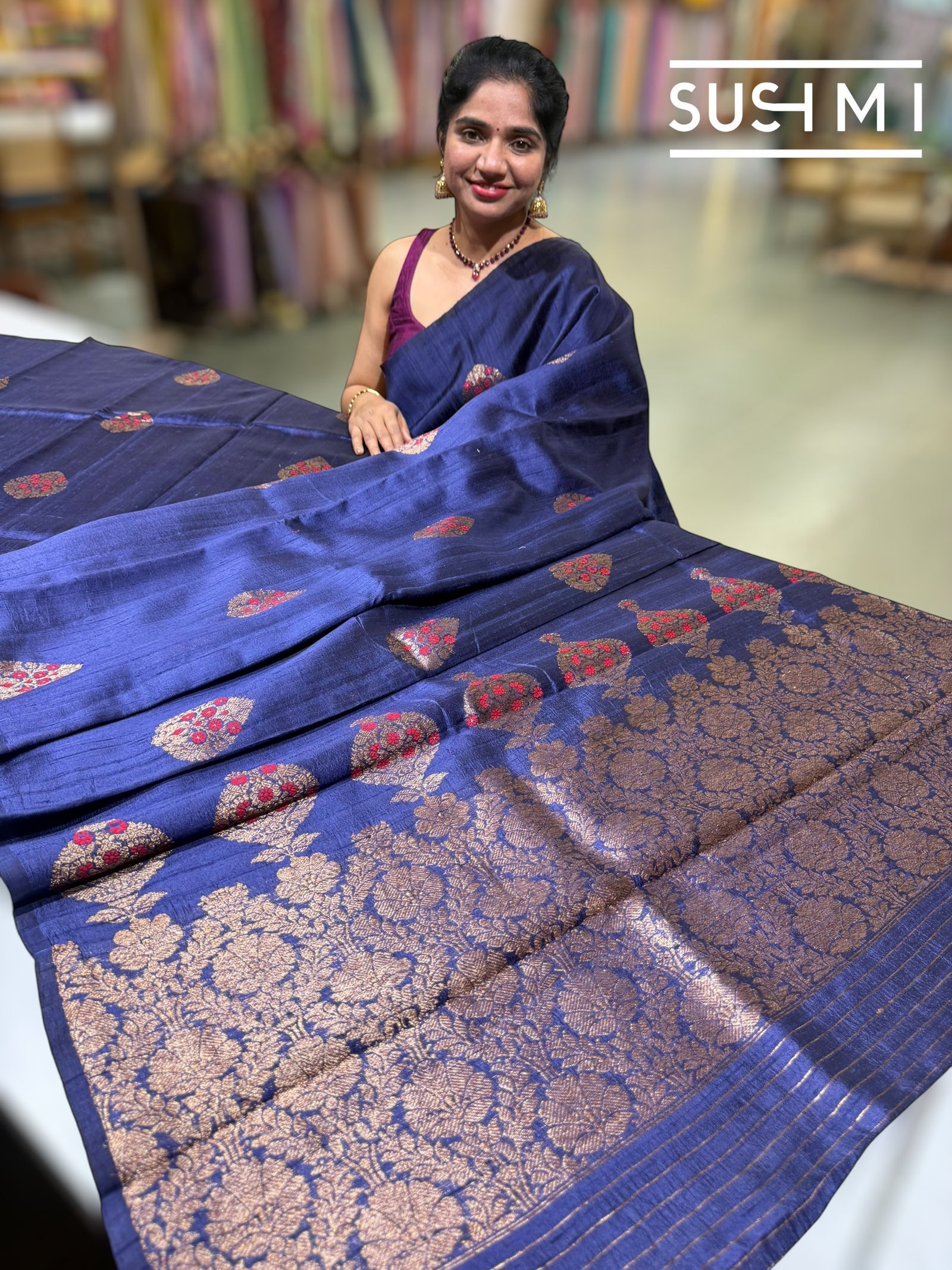 Midnight Blue Banarasi Handloom Dupion Rawsilk Saree : S62F109