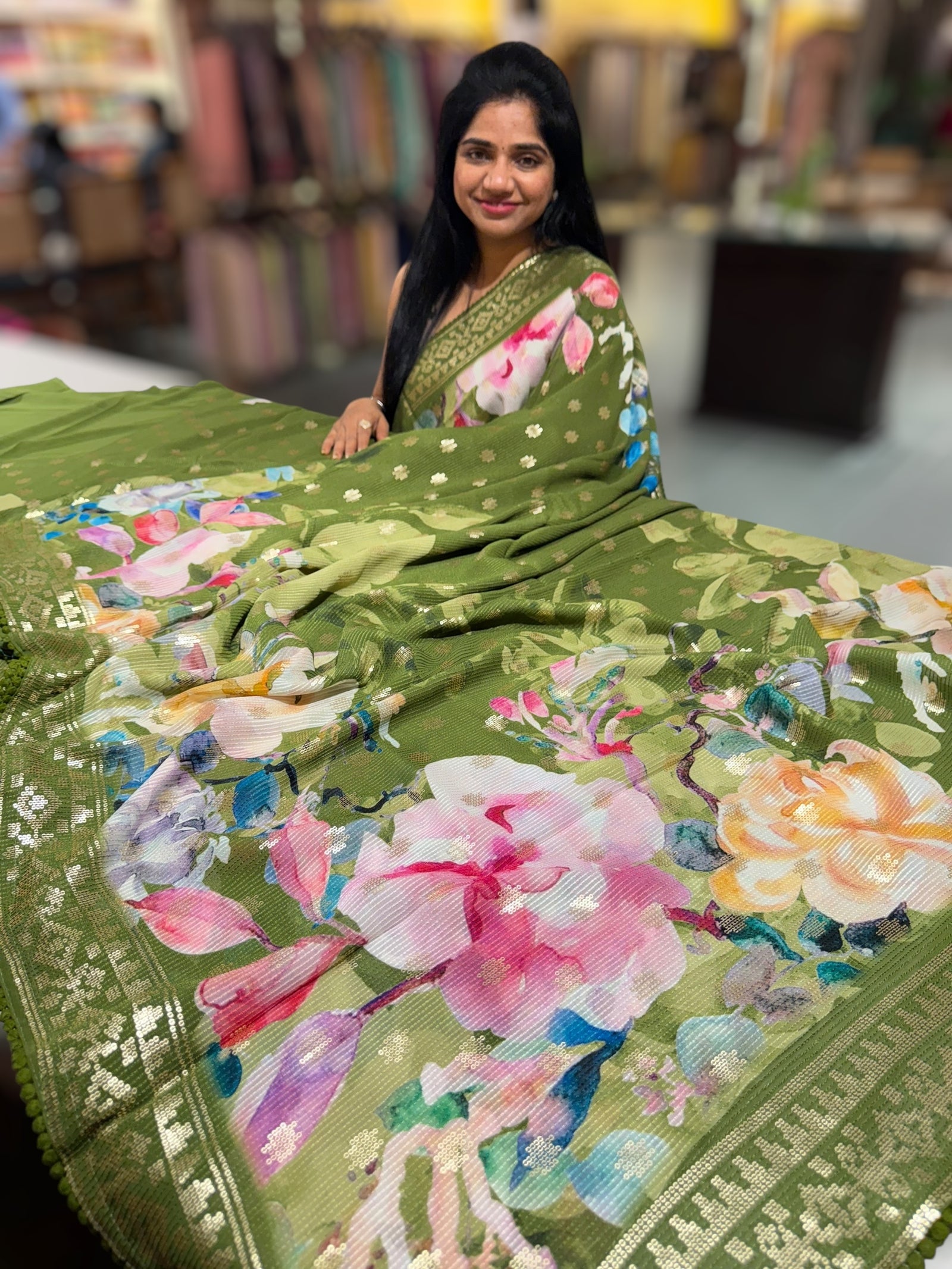 Mehendi Green georgette sequence saree with statement floral print