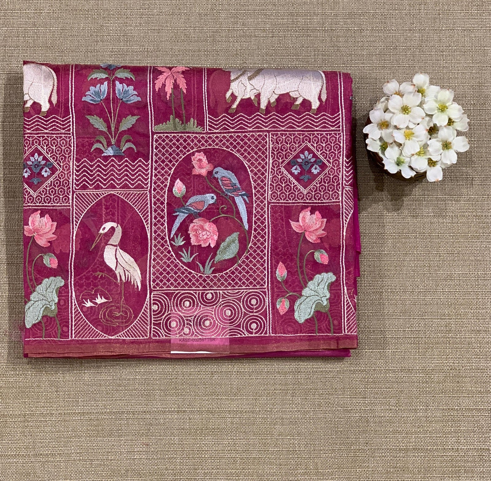 Majenta Pink Kora-Tussar blend Handloom Saree with Tissue embroidered Skirt Border