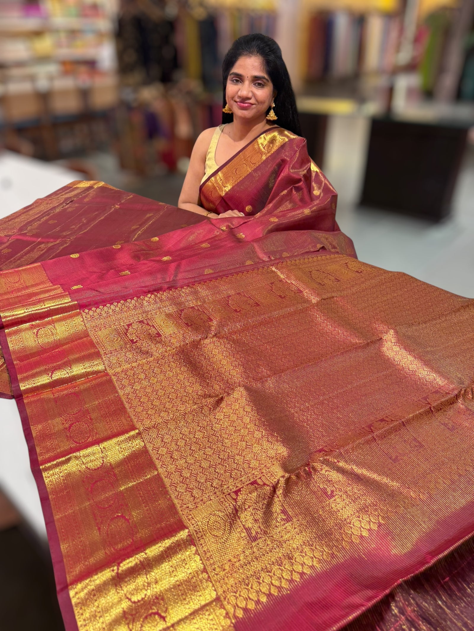Burgundy Vaira Oosi Checks Vintage Kanjeevaram Saree in monotone look