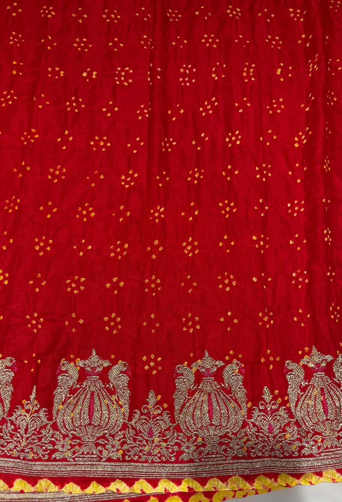 Orangish Red Designer Rai Bandhej Saree With Embroidered Border