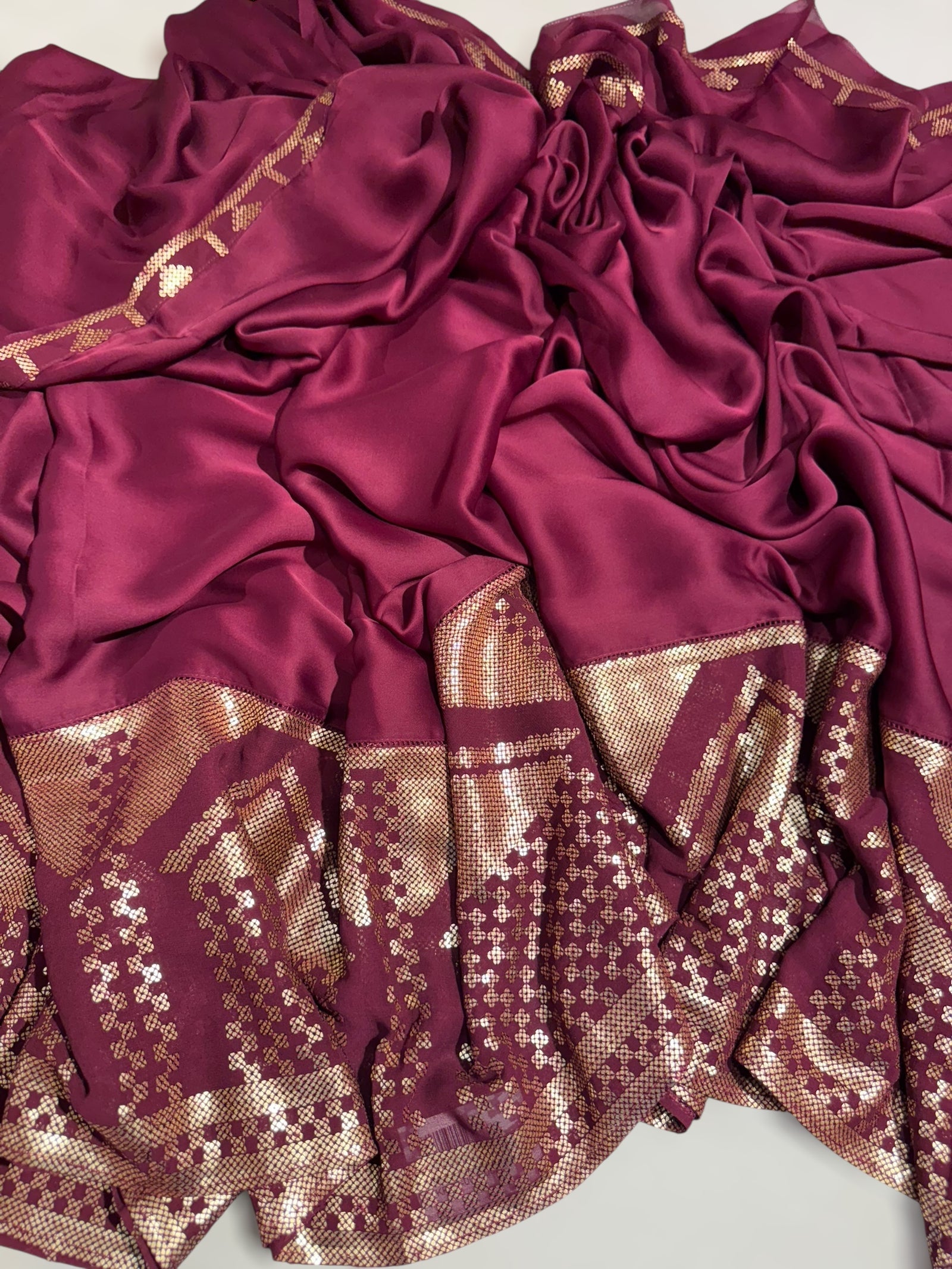 Wine pure Satin Saree with designer sequence border and blouse