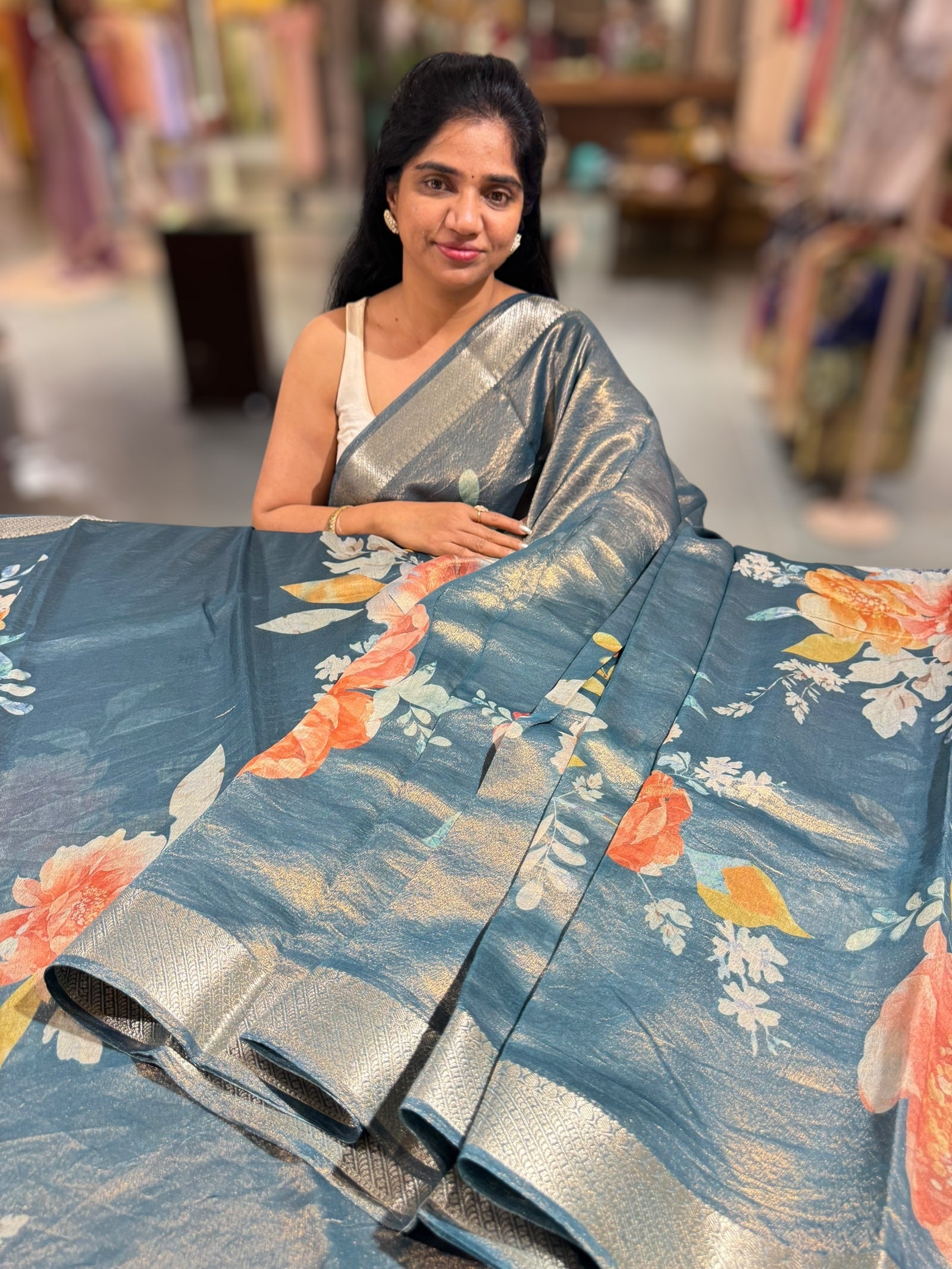 Peacock Blue Printed Banarasi Cotton Tissue