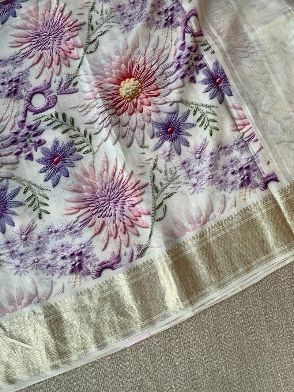 Ivory Pure Handloom Chiniya Silk Saree with stunning Floral Print and zari borders