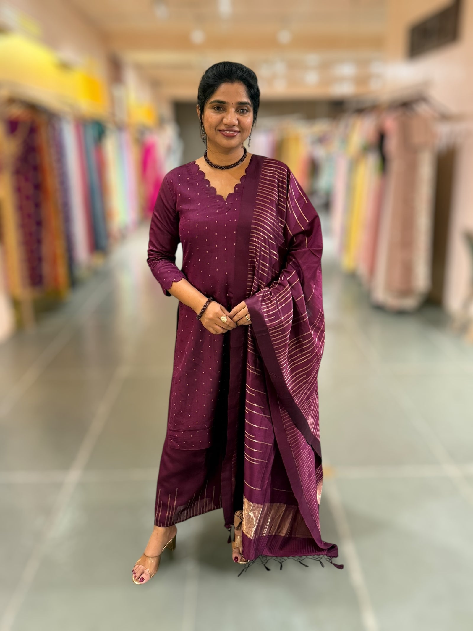 Wine Banarasi Handloom Chiniya Silk 3-pc Suit Set