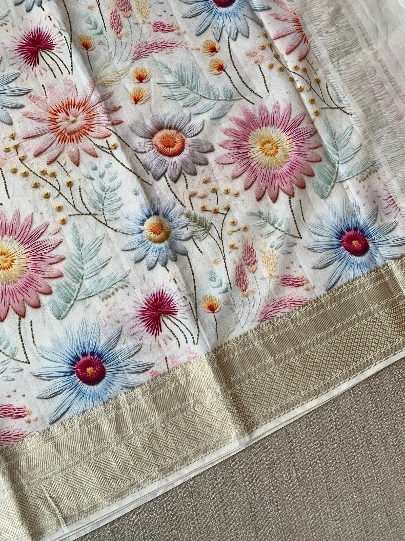 Ivory Pure Handloom Chiniya Silk Saree with stunning Floral Print and zari borders