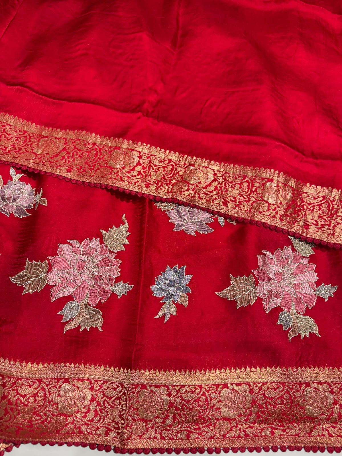 Chilli Red Mashru Banaras with embroidery