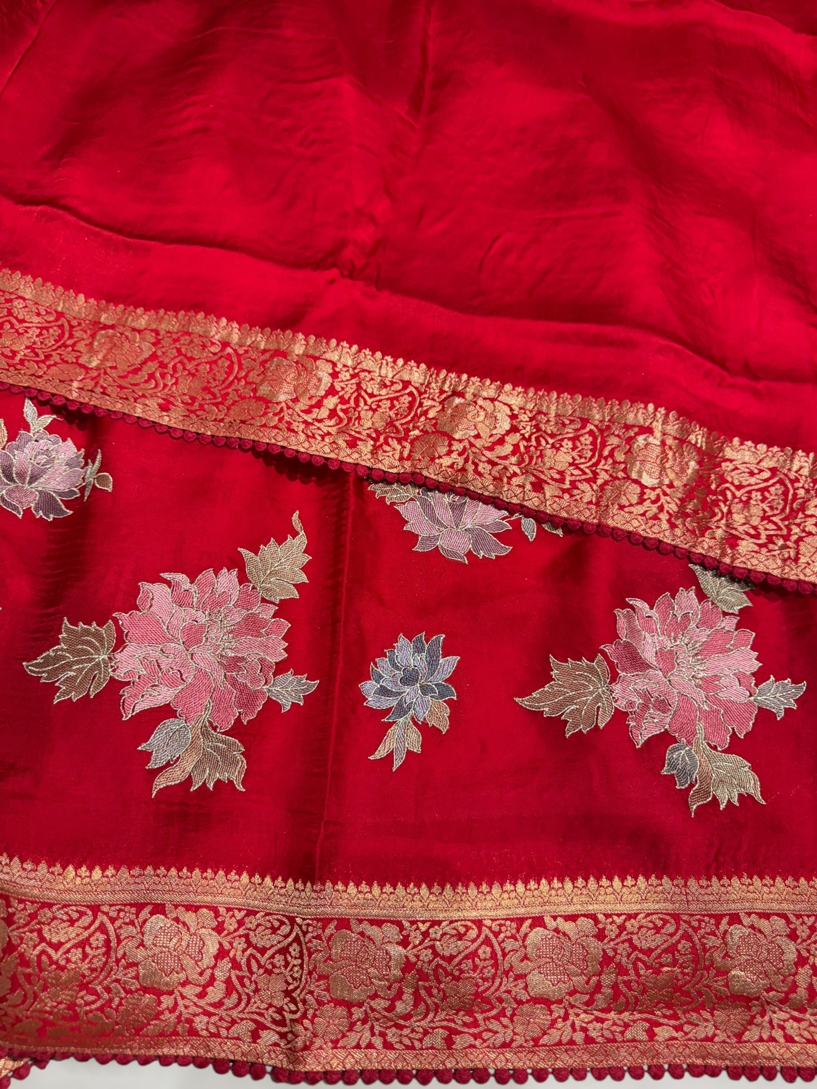 Chilli Red Mashru Banaras with embroidery