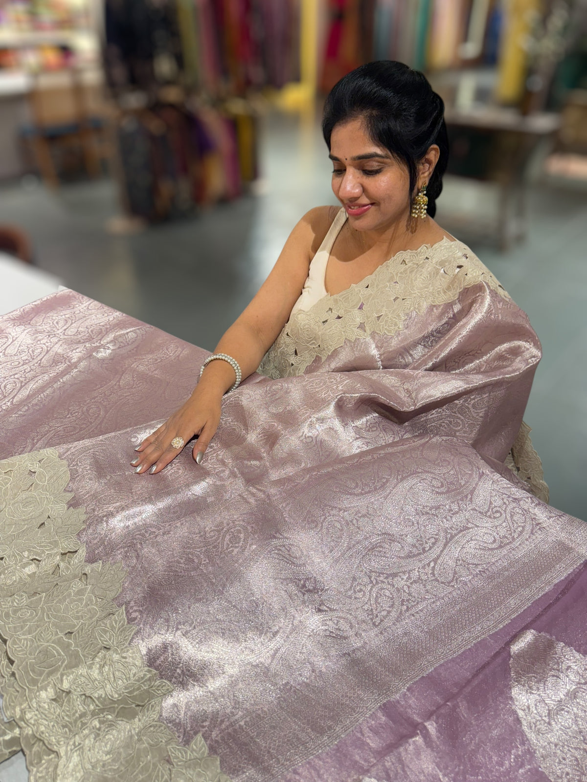 Lilac Tissue Brocade allover weaving Saree with Tissue Cutwork Rose Border