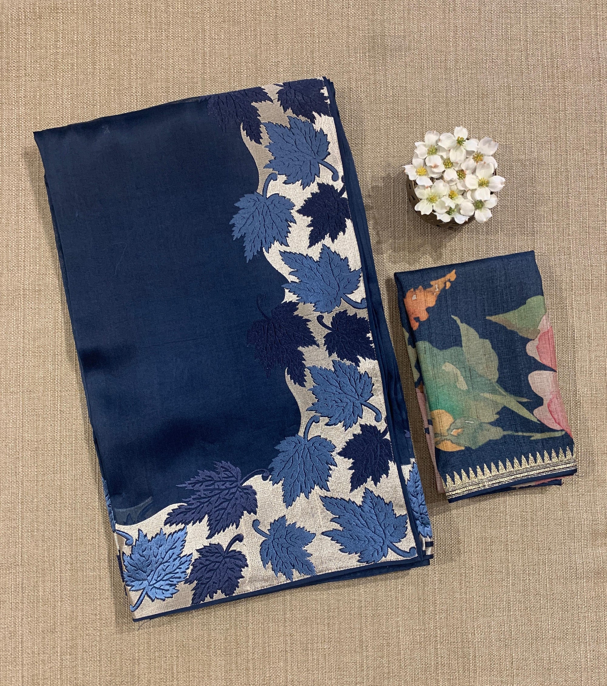Midnight Blue Organza Saree with Stunning Leaf Embroidered Border