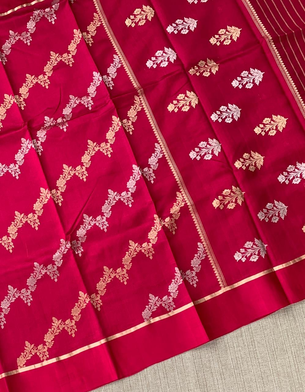 Ruby Pink Raw Mangoe Silk Saree in half and half style
