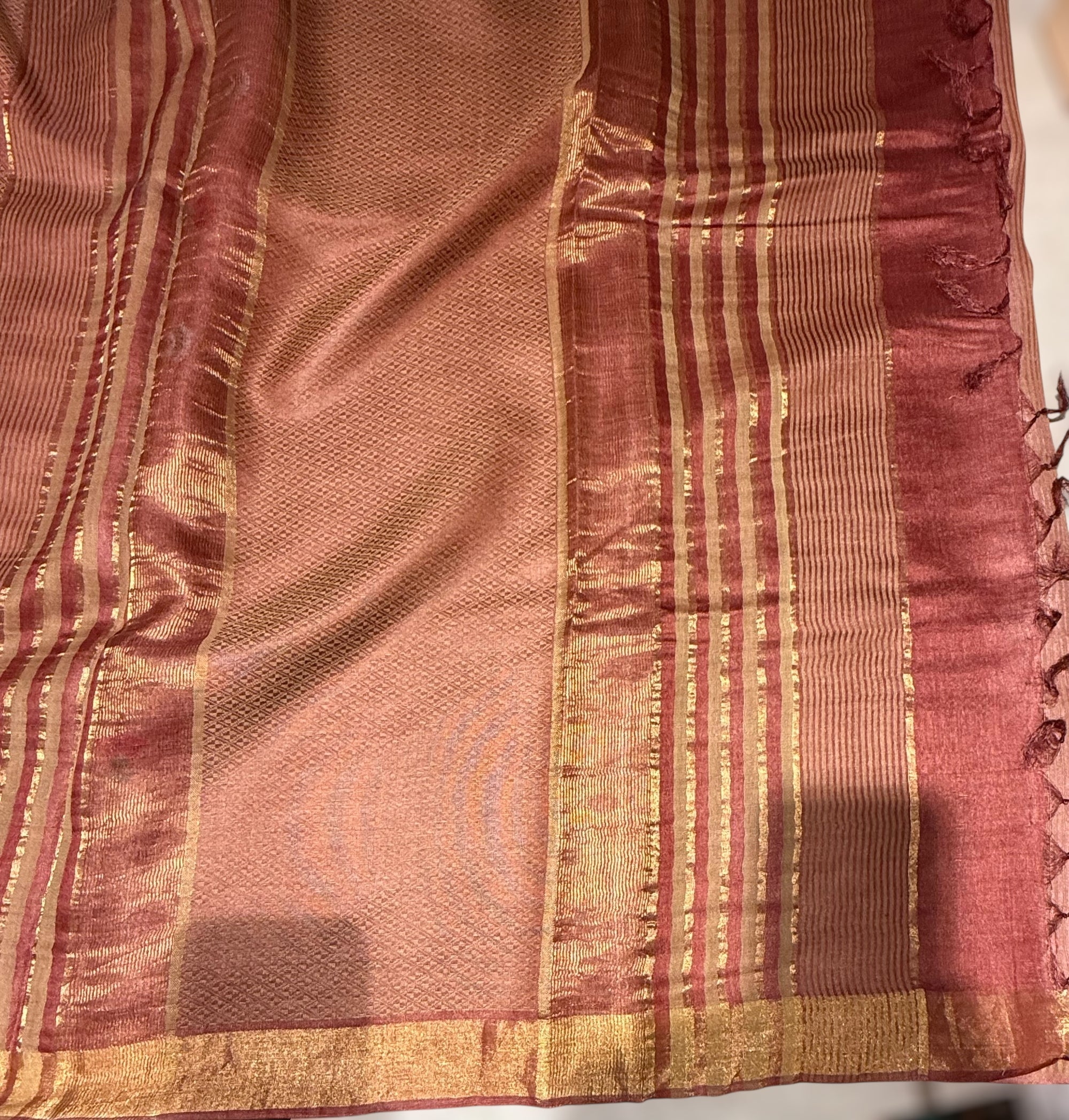 Rust Tussar Brocade Saree With Statement Red Rose Embroidery.