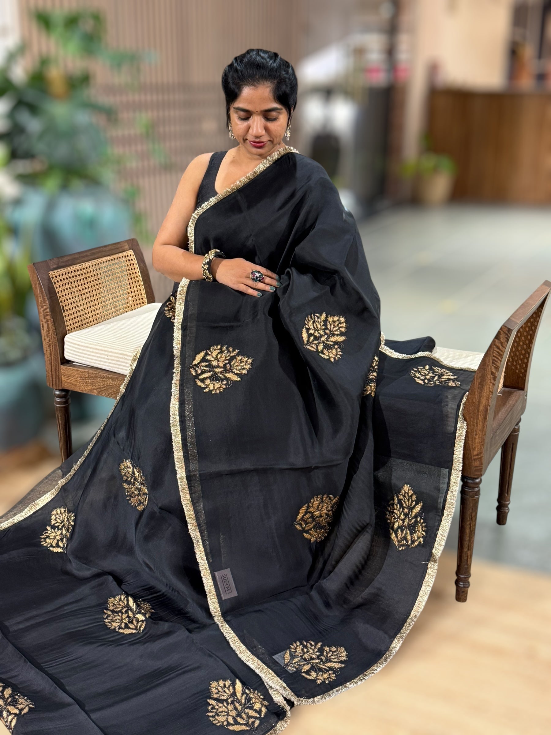 Black Organza Saree With Applique Work