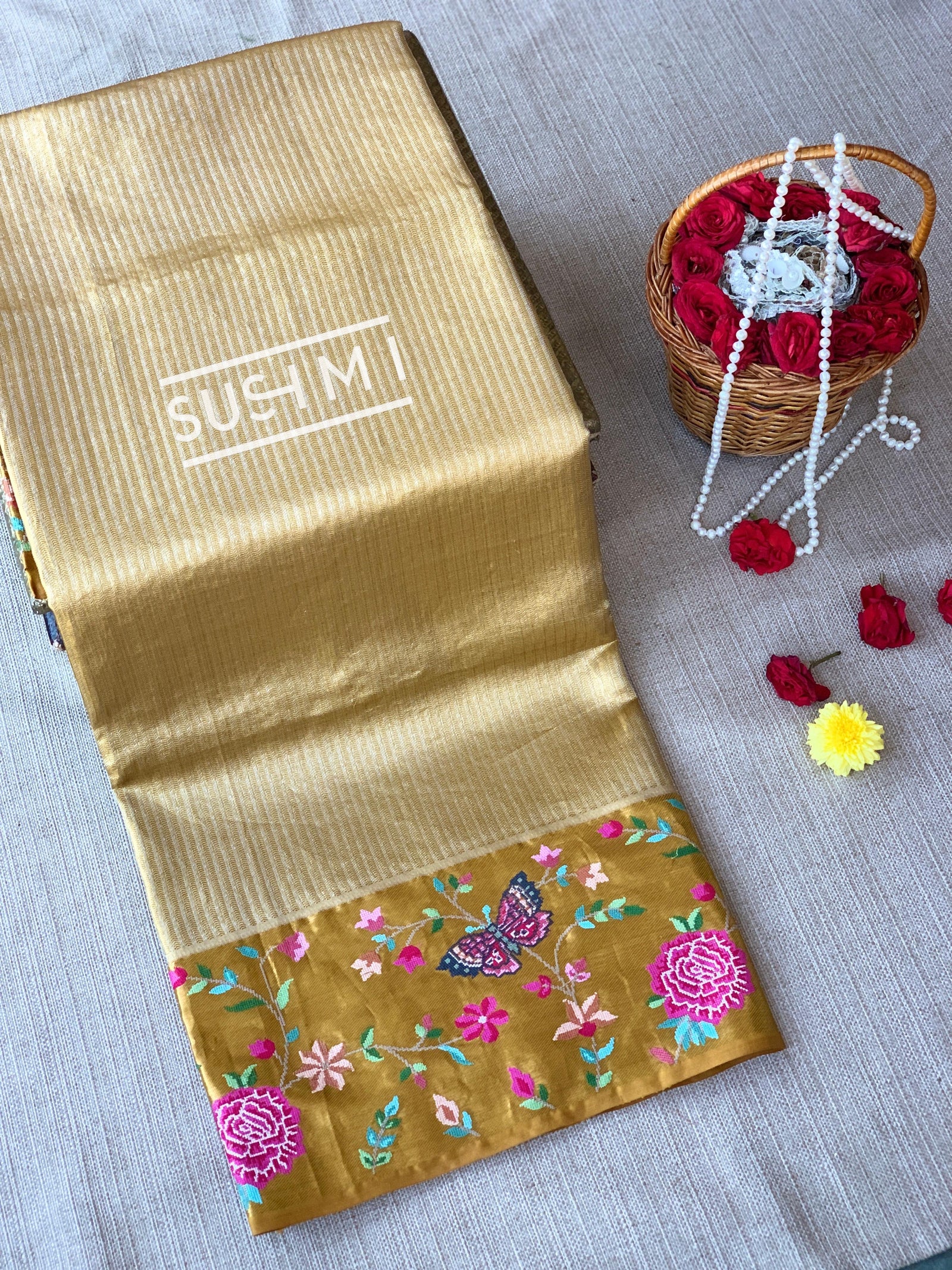 Gold Kanjeevaram Tissue Sareewith petite point embroidery : S62F086