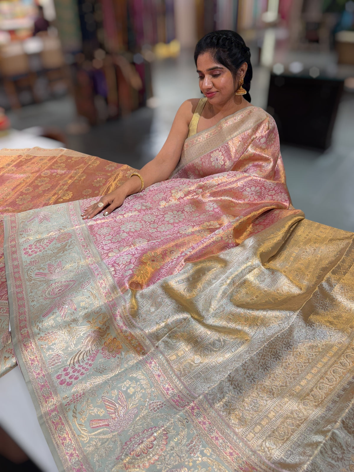 Pastel Pink & Mint Blue Kanjeevaram Tissue meenakari saree