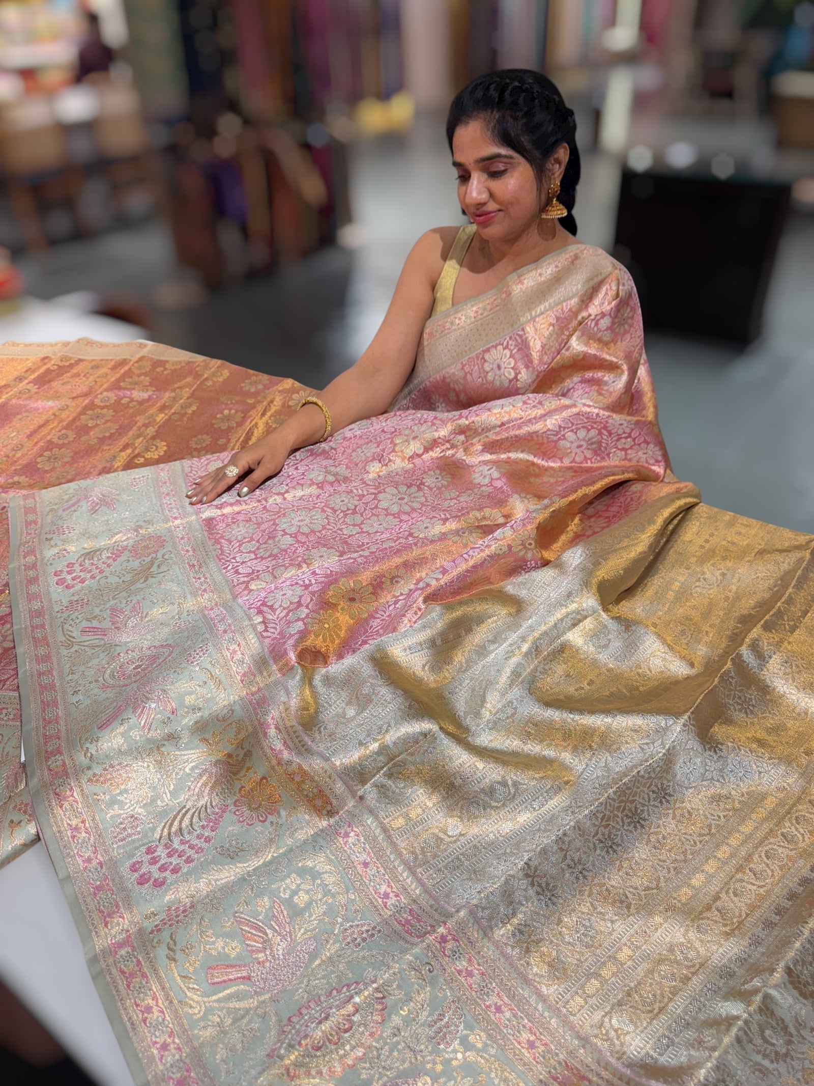 Pastel Pink & Mint Blue Kanjeevaram Tissue meenakari saree