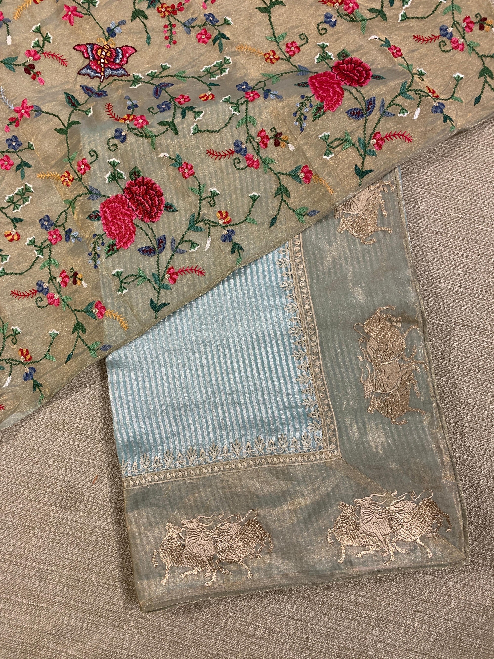 Pastel Blue Kora tissue stripes Saree with Nandi embroidered tissue border