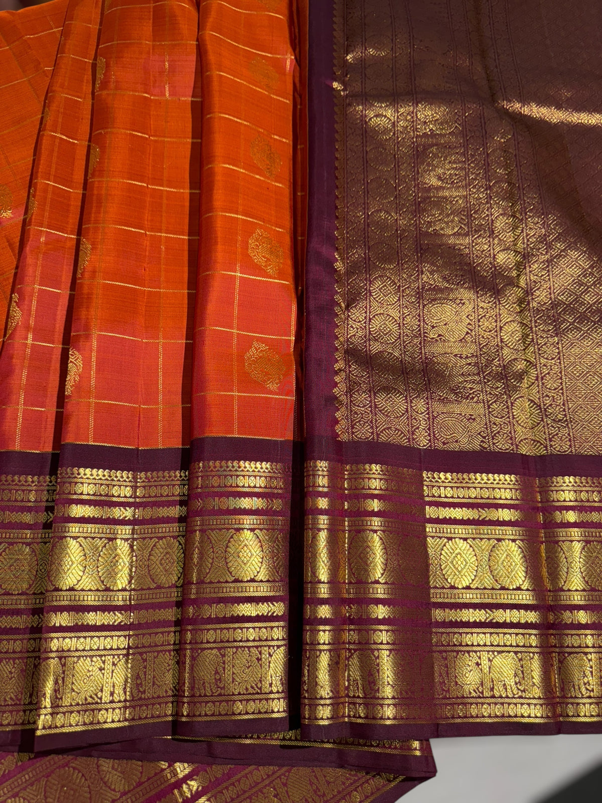Rust Orange & winish Brown Combo Vintage Checks Kanjeevaram Saree