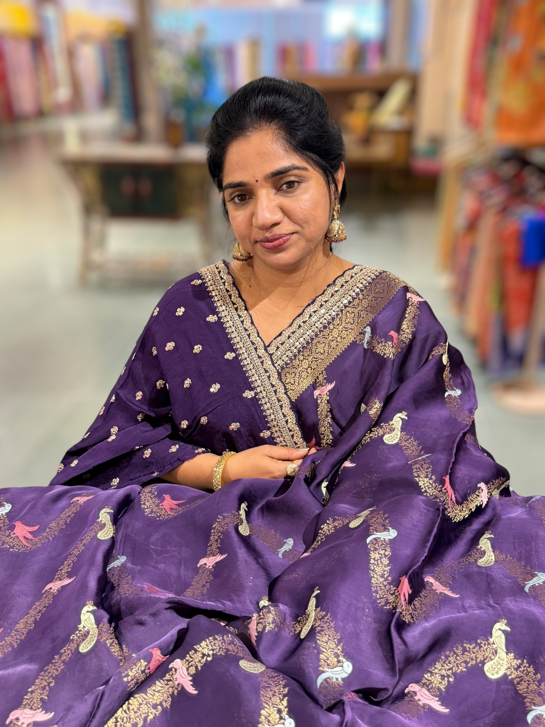 Brinjal Mashru Silk Saree with allover weaving and Sahbysachi borders and Blouse