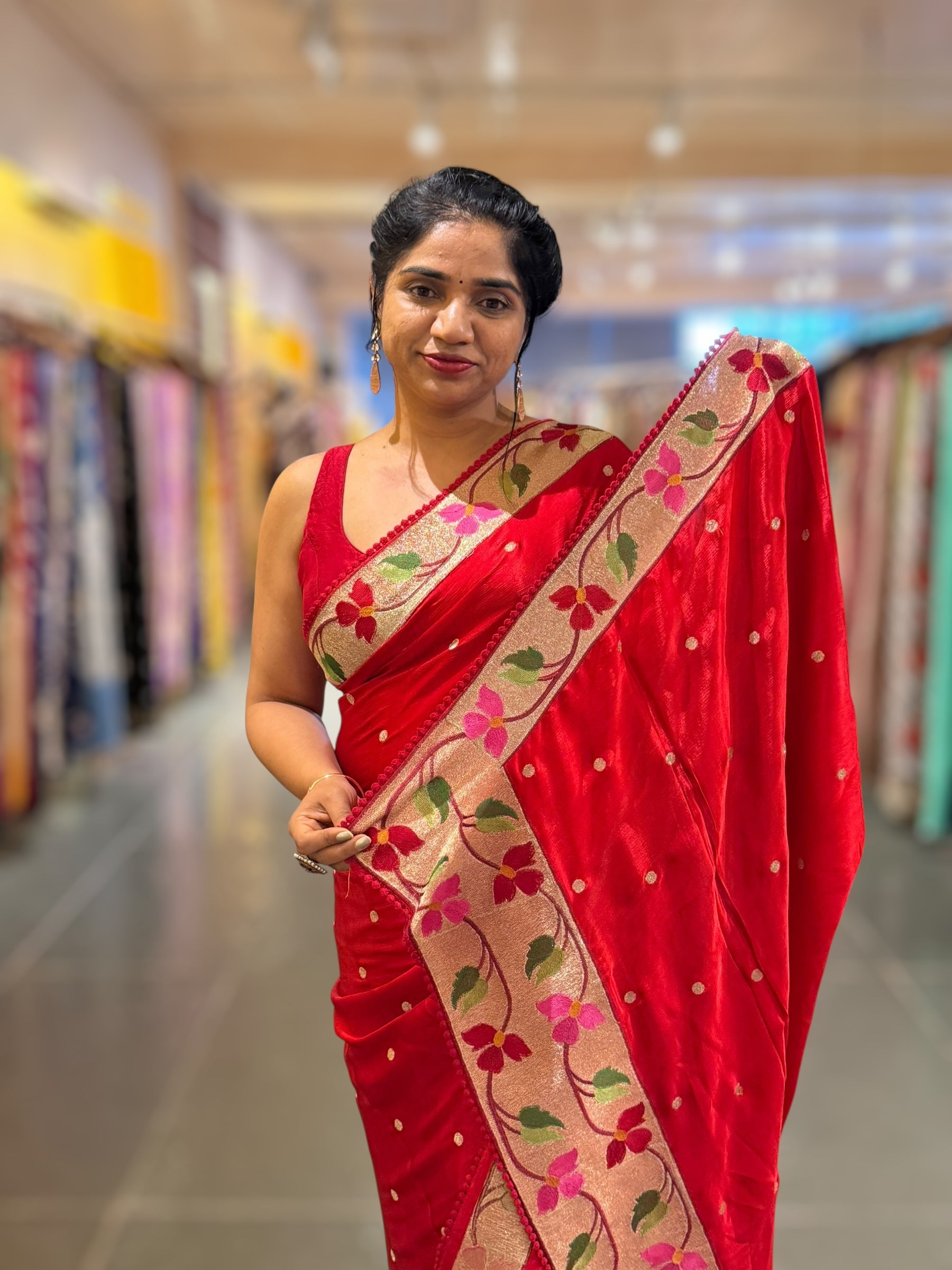 Red Satin Saree with Paithani Embroidered Border
