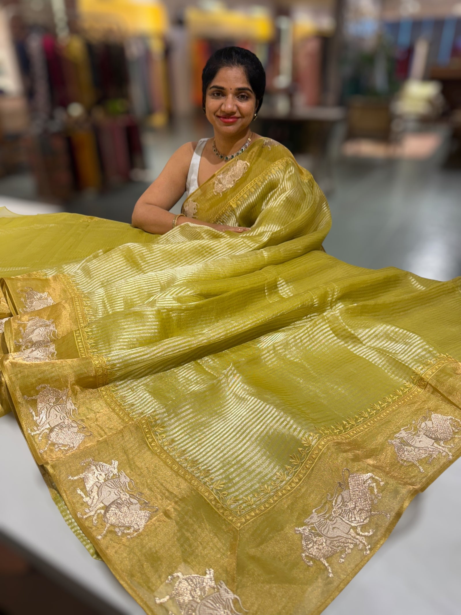 Lime Green Kora tissue stripes Saree with Nandi embroidered tissue border