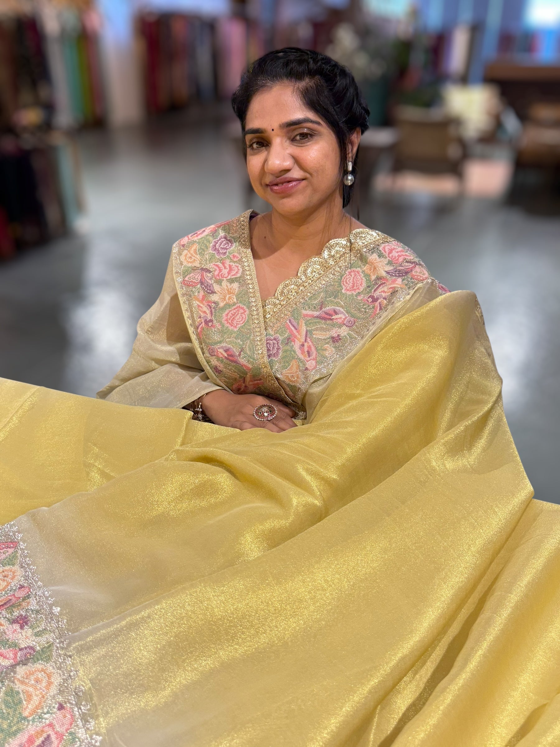 Golden Yellow Tissue Gorgette Saree With Petite Point Embroidered Border