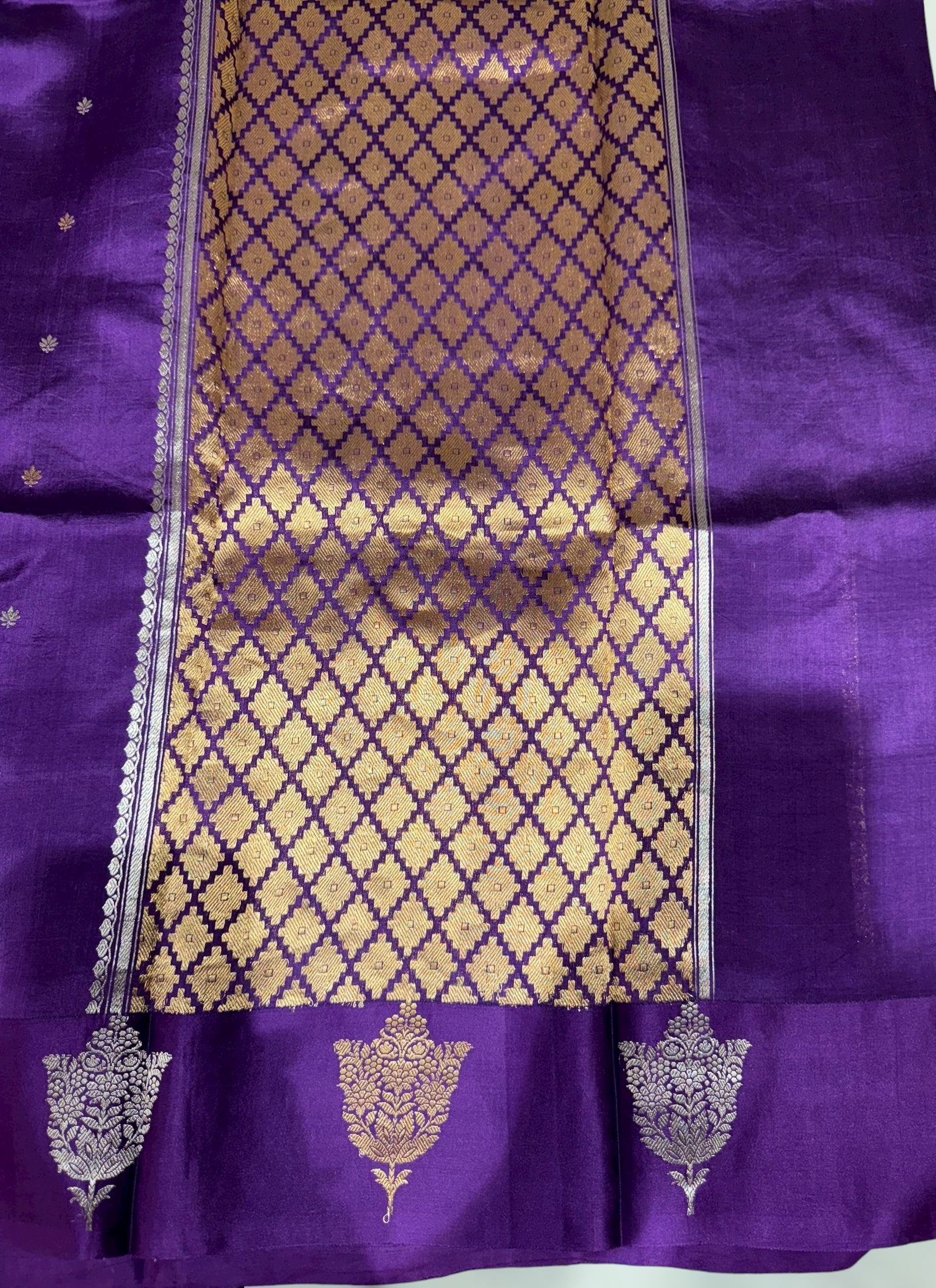 Brinjal Poona Silk Saree with kaduwa woven Motifs on Mashru Borders
