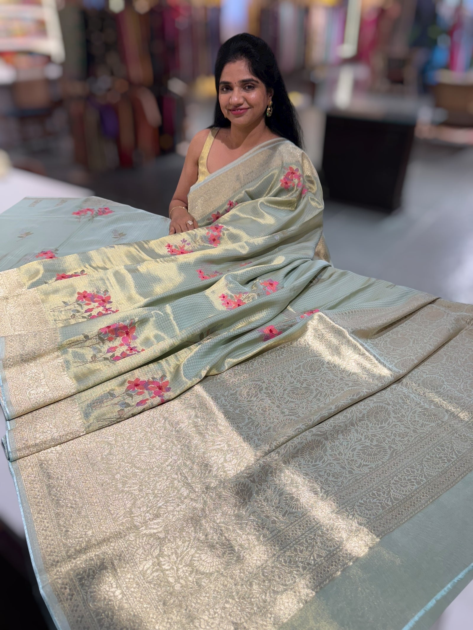 Mint Blue Fancy Banarasi tissue tonchoi weaving saree with embroidery