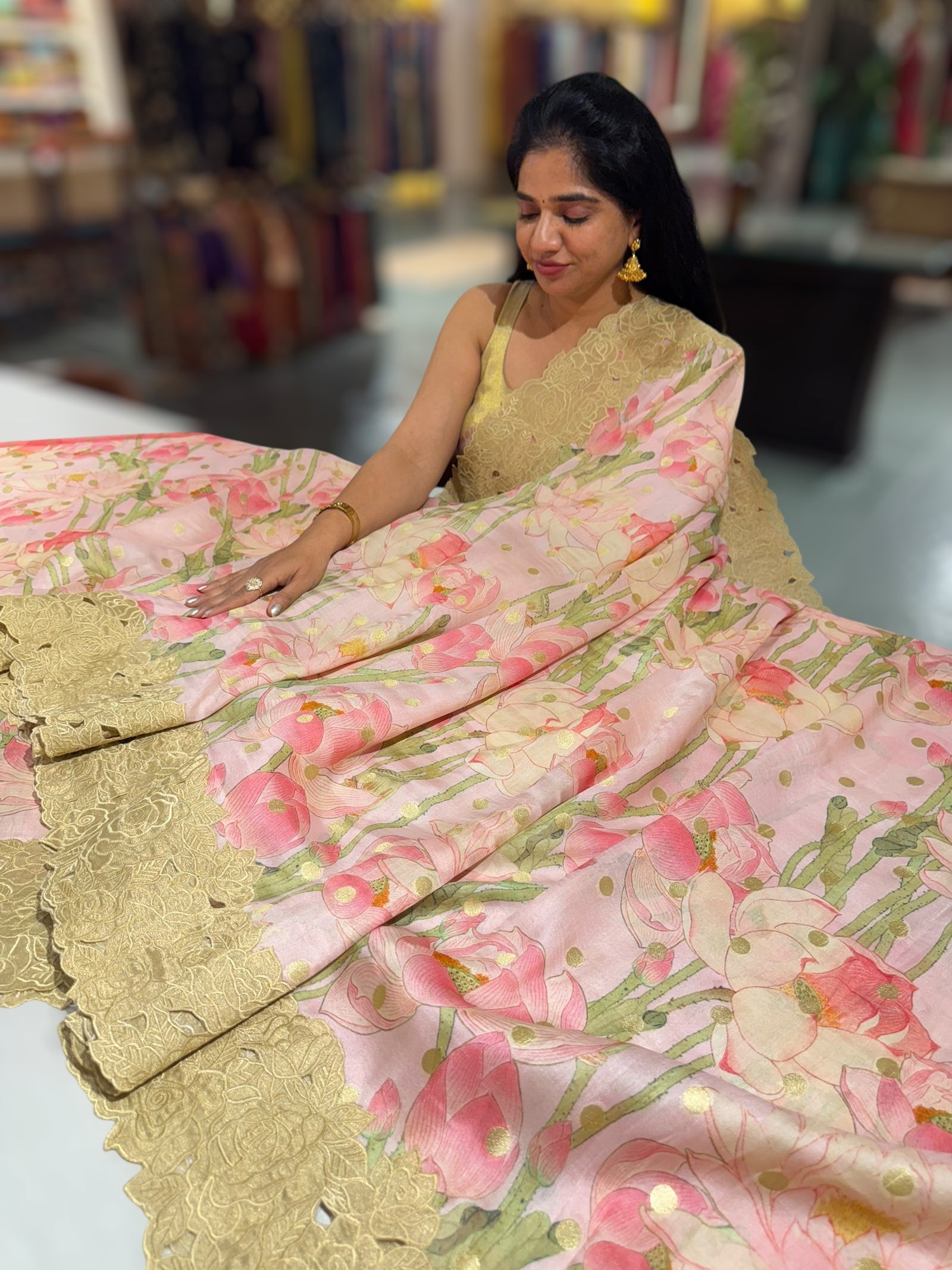 Baby Pink Banarasi Munga Printed Tussar Khaddi With Tissue cutwork Rose Border