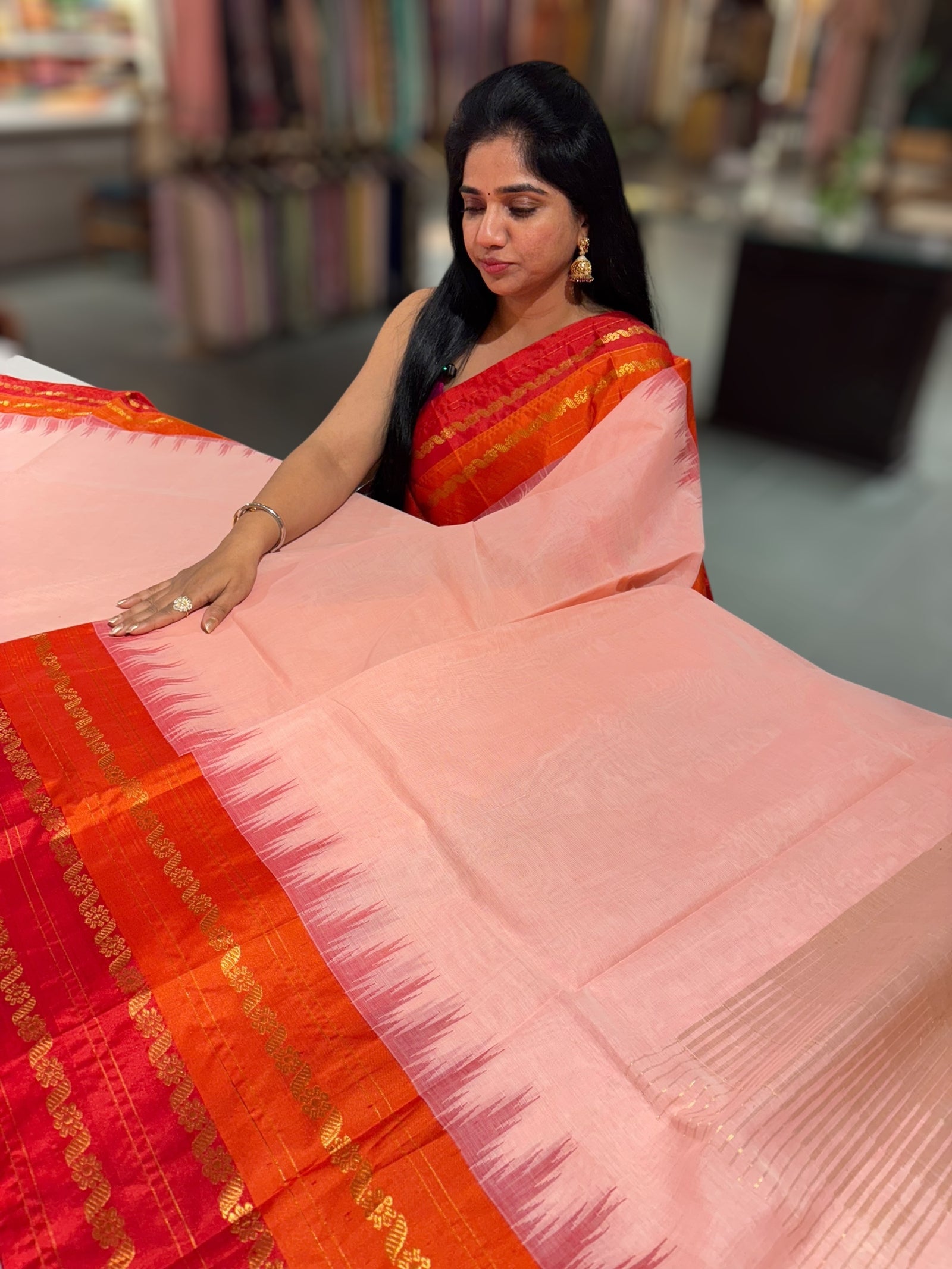 Peach ponduru khadi jamdani Saree
