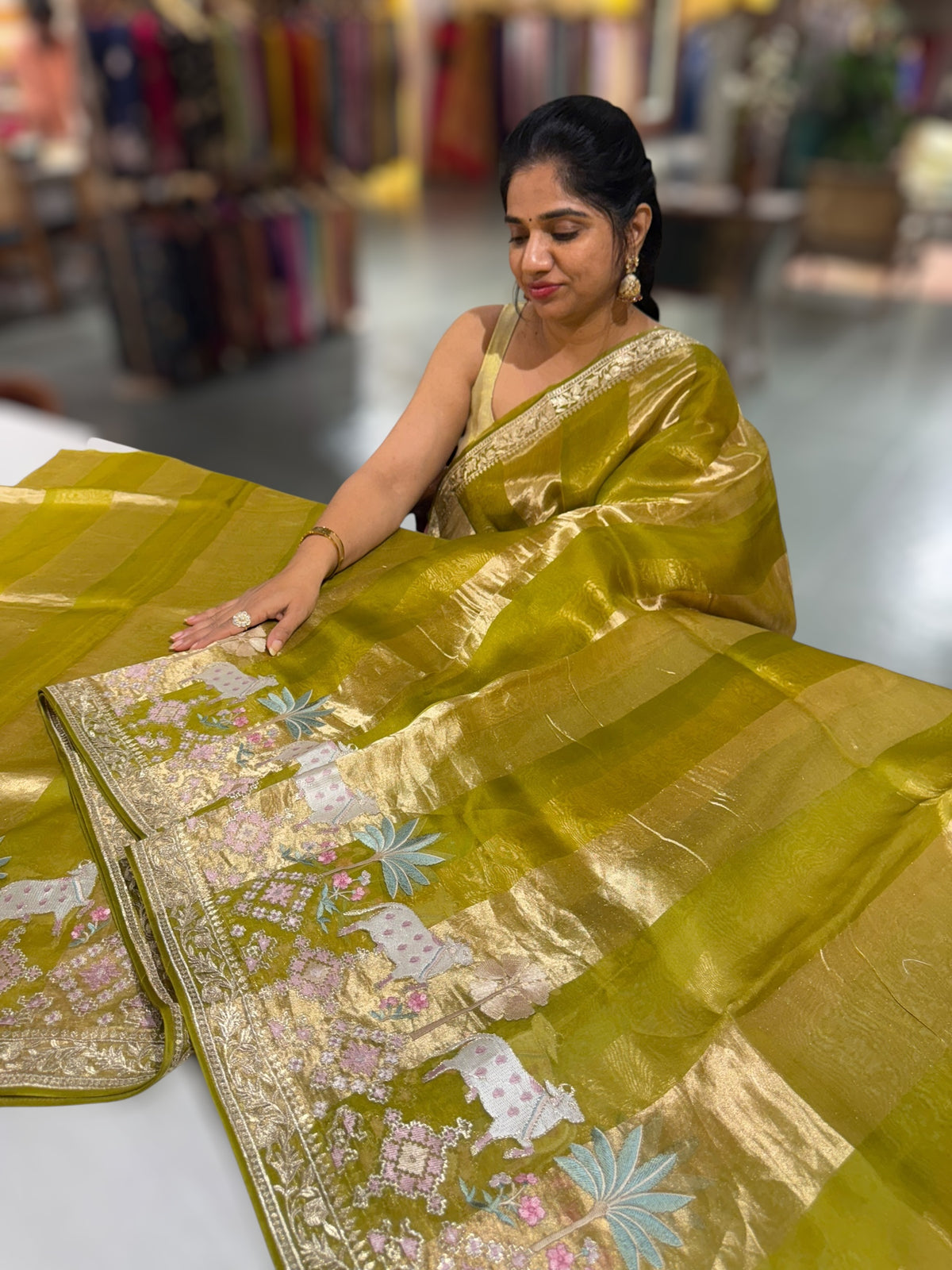 Moong Dal Green Kora Tissue Stripes Saree With Jamdani  & Pichwai embroidered Border