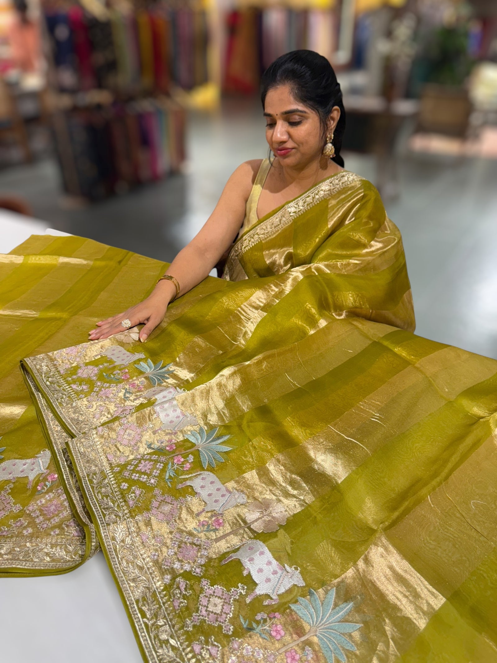 Moong Dal Green Kora Tissue Stripes Saree With Jamdani  & Pichwai embroidered Border