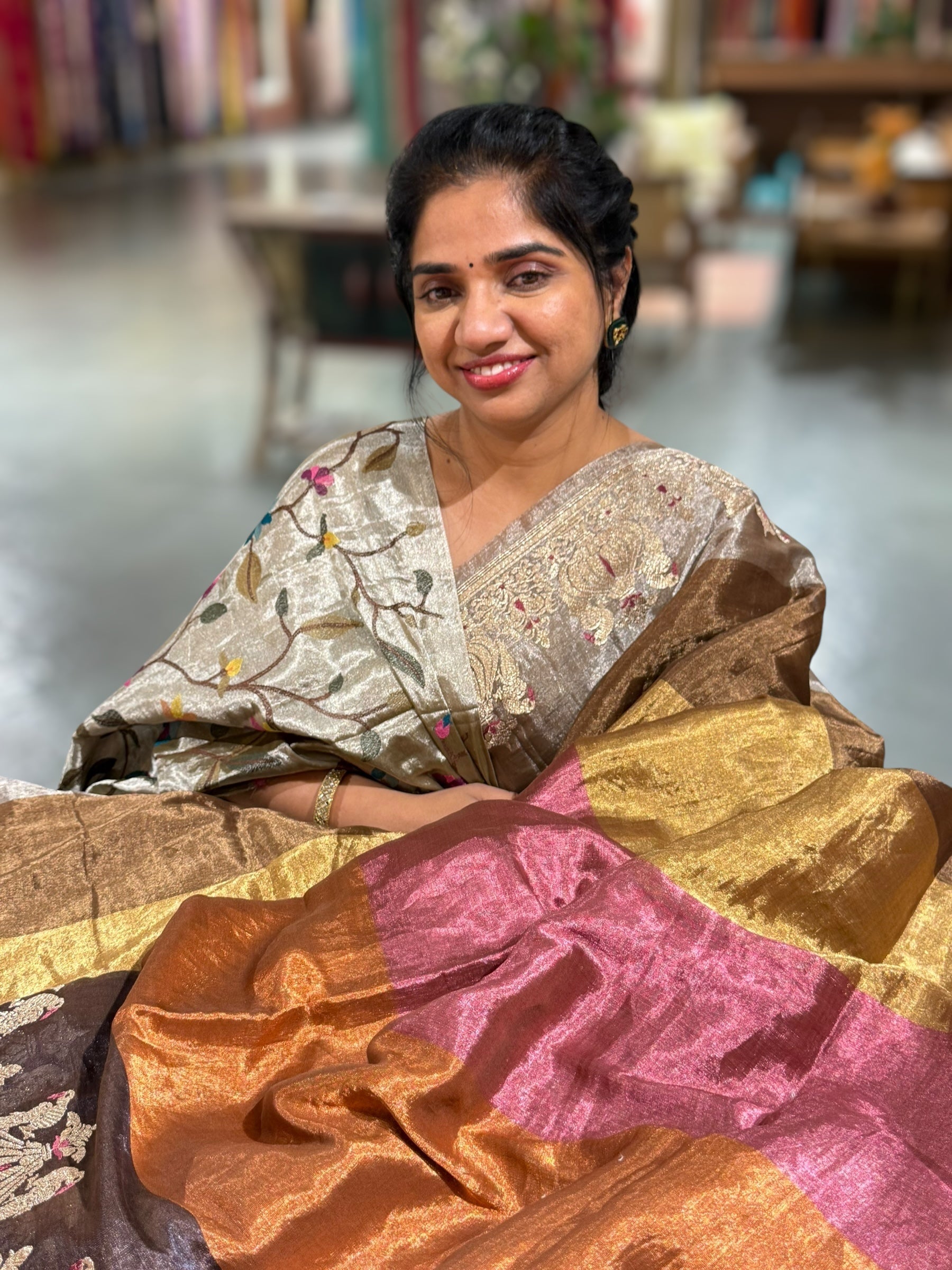 Multi color chanderi Tissue saree with peacock embroidered border