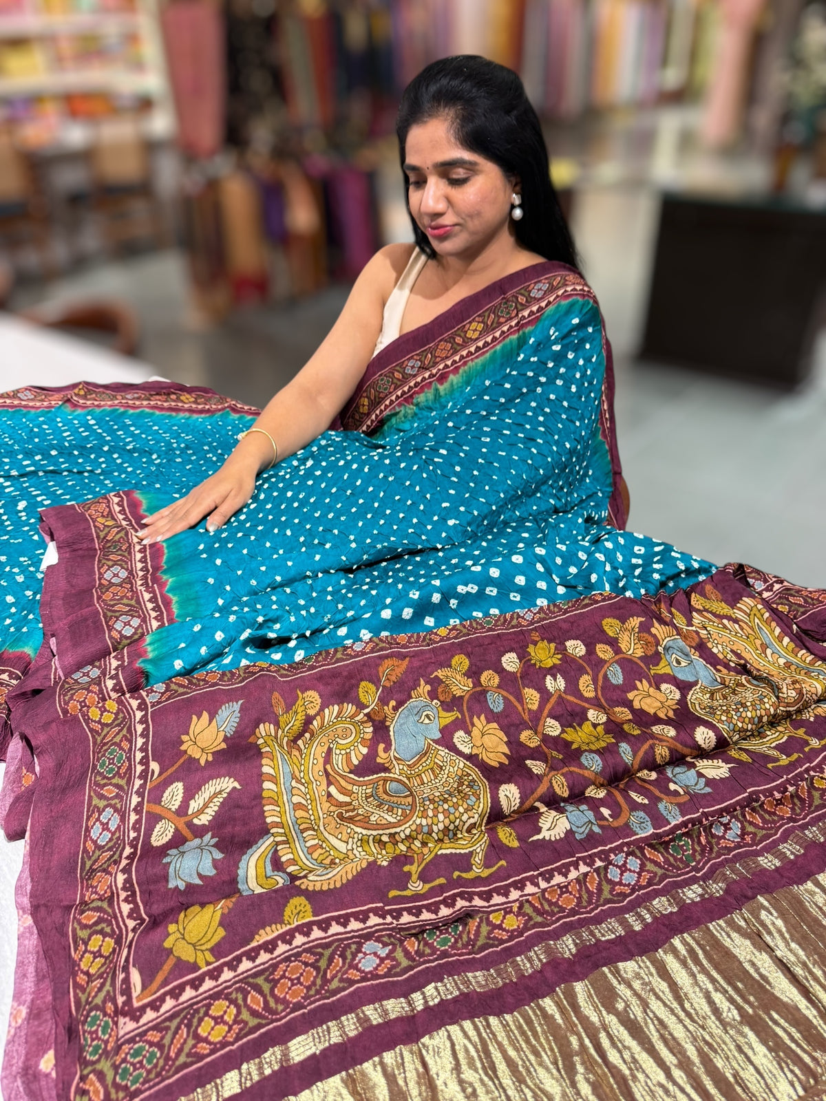 Peacock bandhini kalamkari modal satin saree