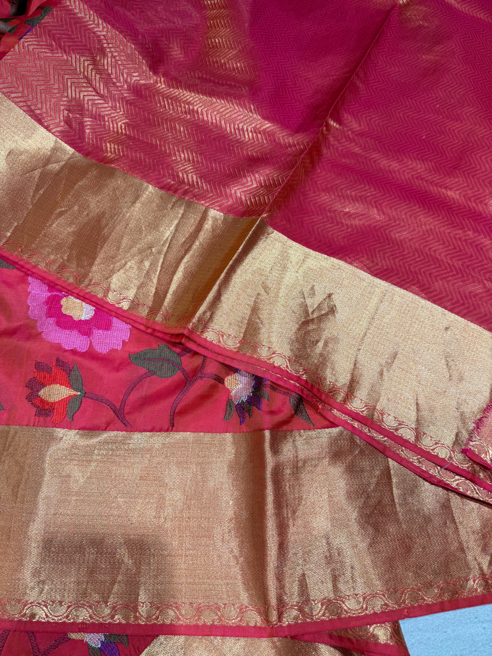 Orangish Pink Kanchi Soft Silk Saree with embroidery : S62F179