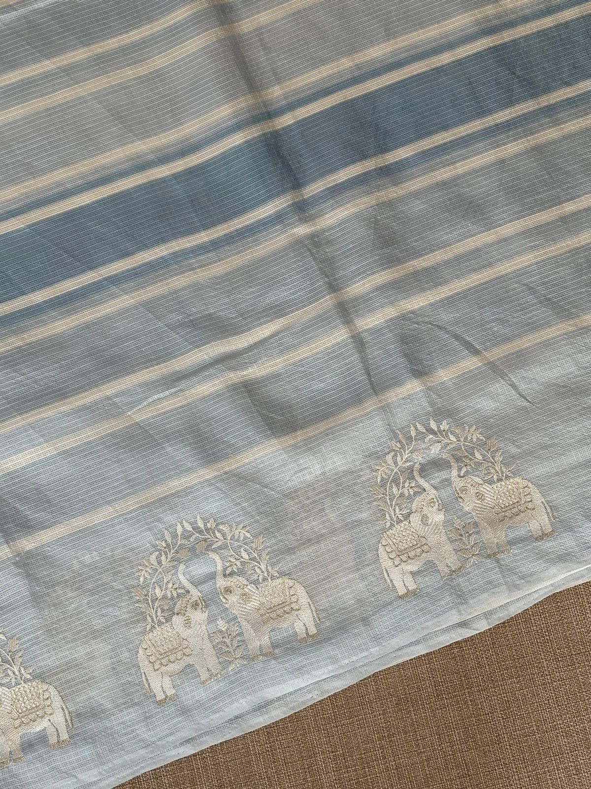 Dusty Blue Designer Silk kota saree with elephant embroidered border