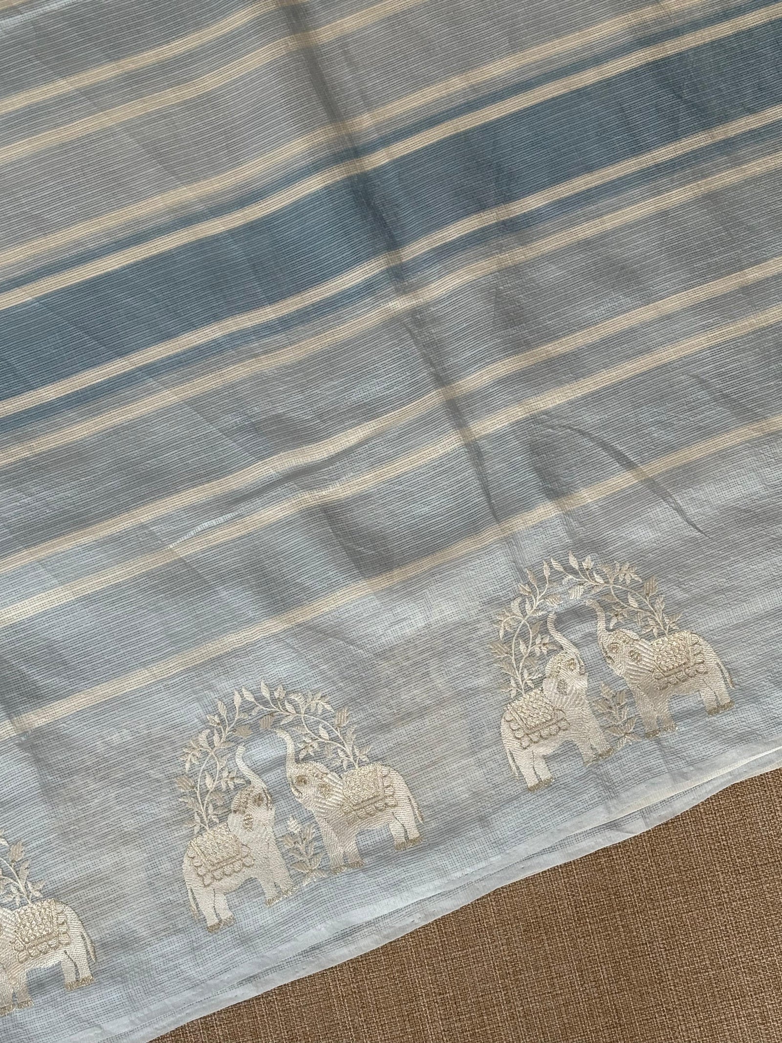 Dusty Blue Designer Silk kota saree with elephant embroidered border