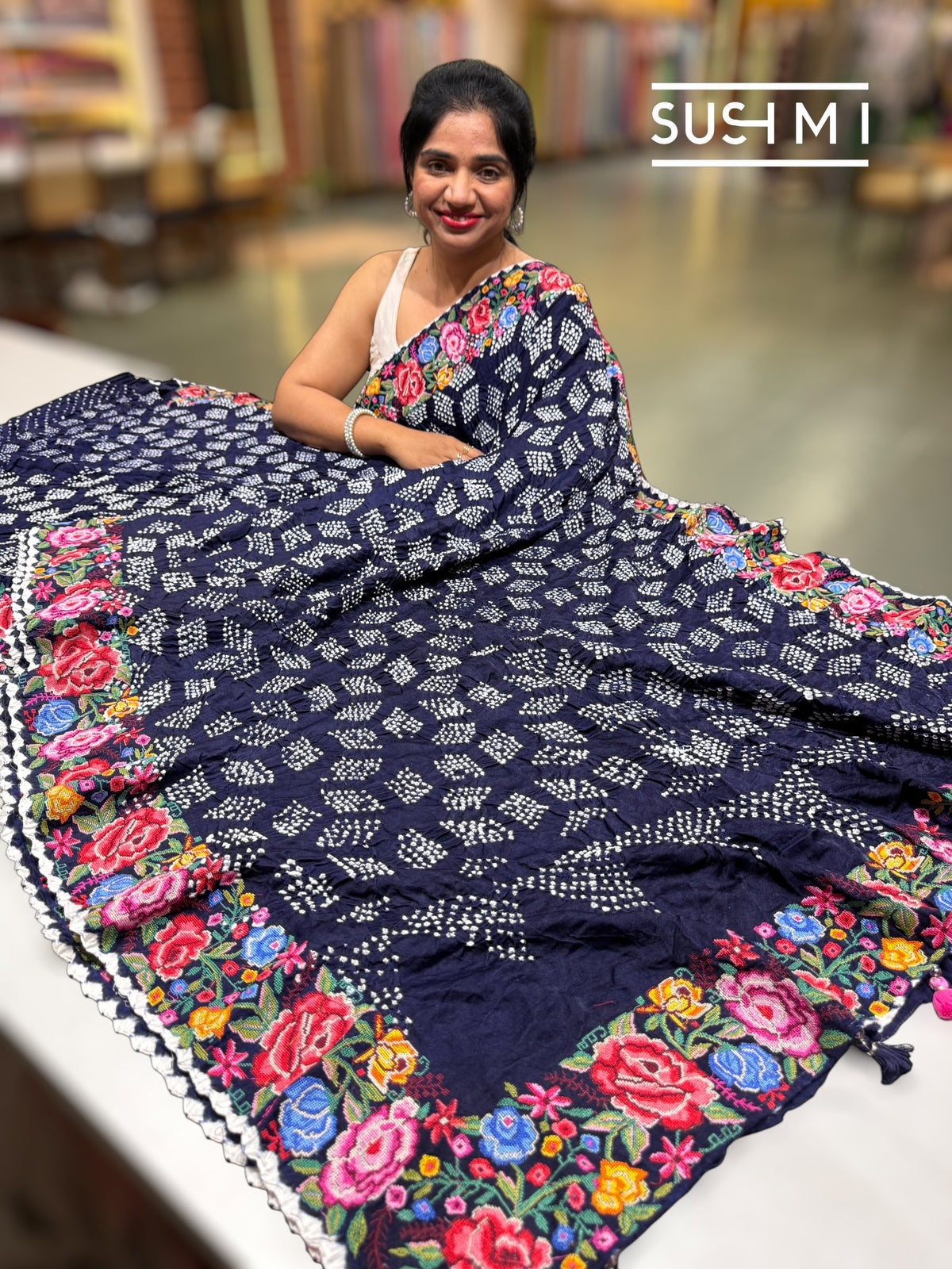 Midnight Blue Pure Gajji Silk Rai bandhej Saree with petite point embroidery : SM078