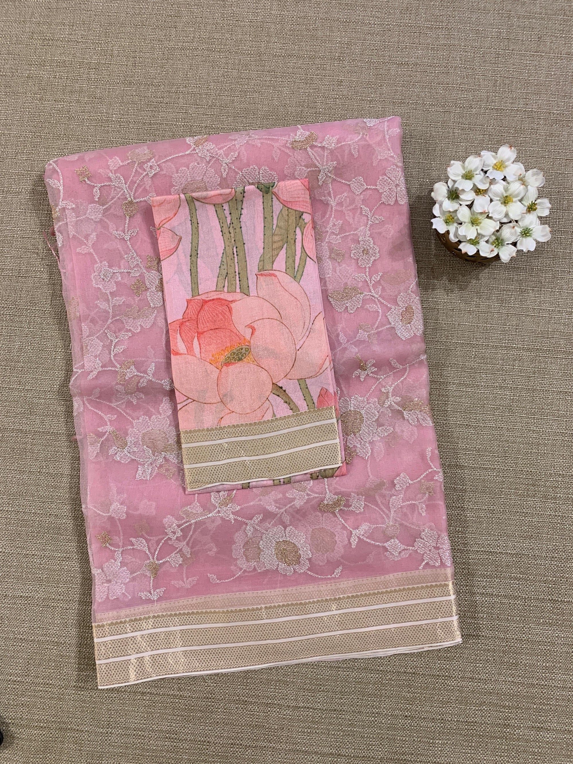 Pink Muslin allover embroidered Saree with pichwai printed blosue