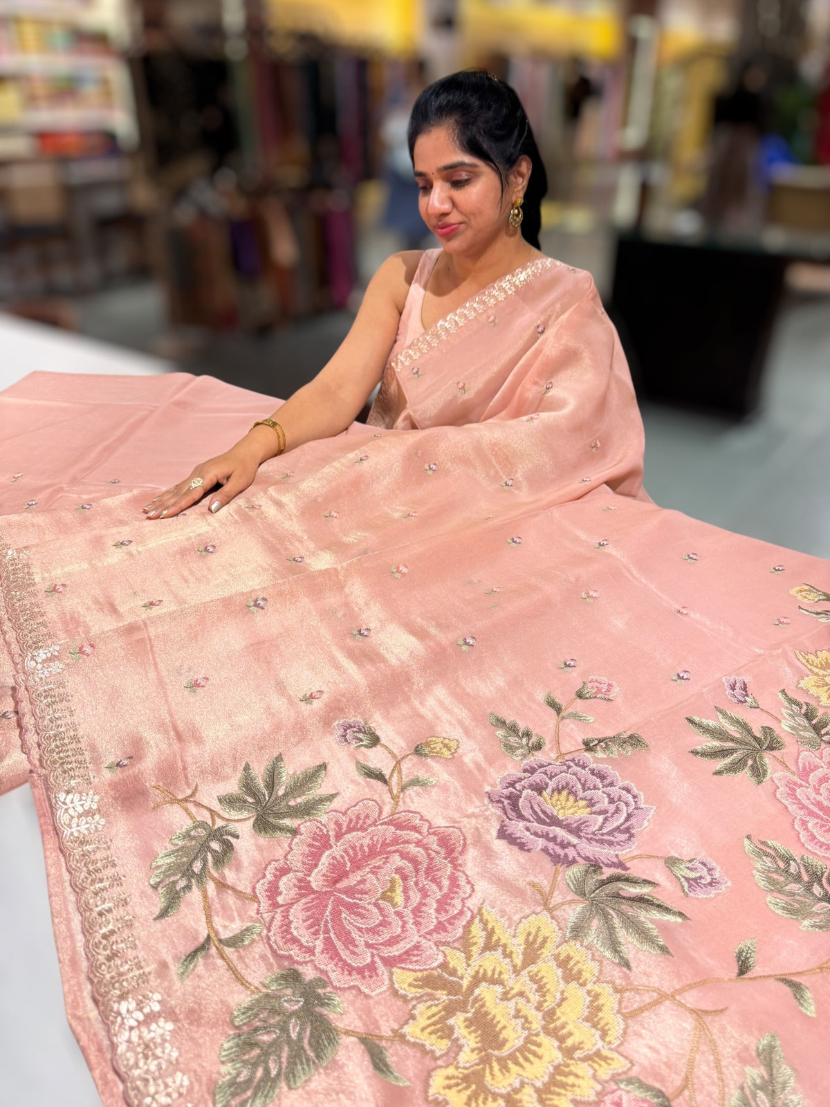 Peach Pink Tissue Georgette Saree with petite point emb