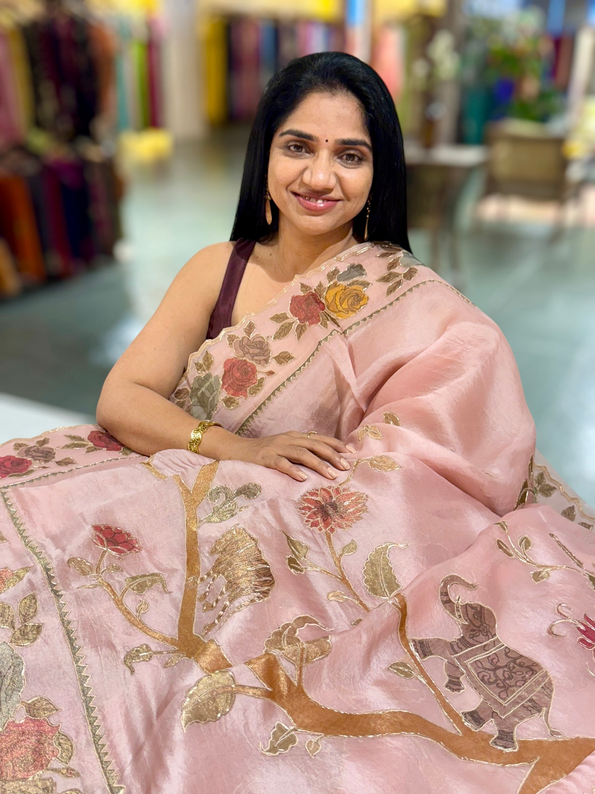 Nude Pink Pure Organza Applique Work Saree