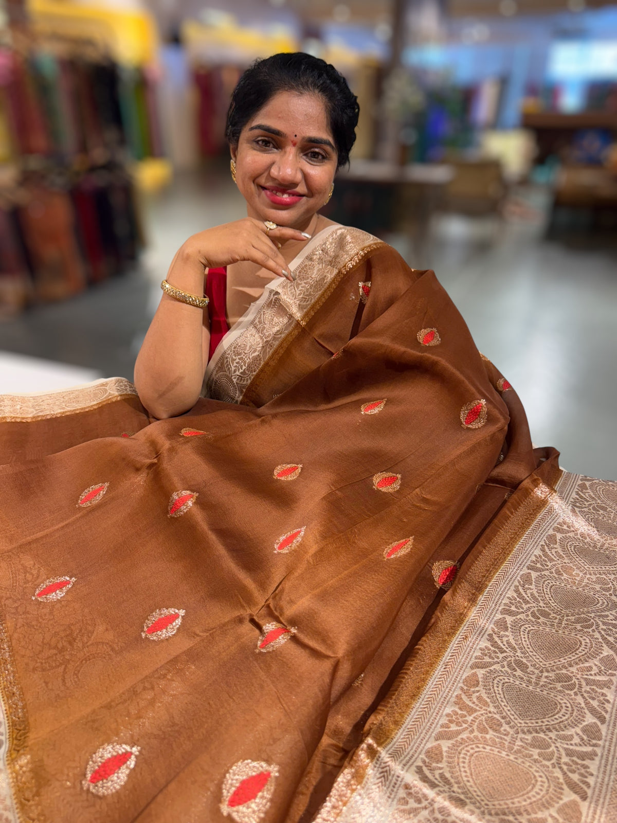 Rust Brown & Beige Combo Kora Banarasi Saree with Meenakari Kaduwa woven motifs