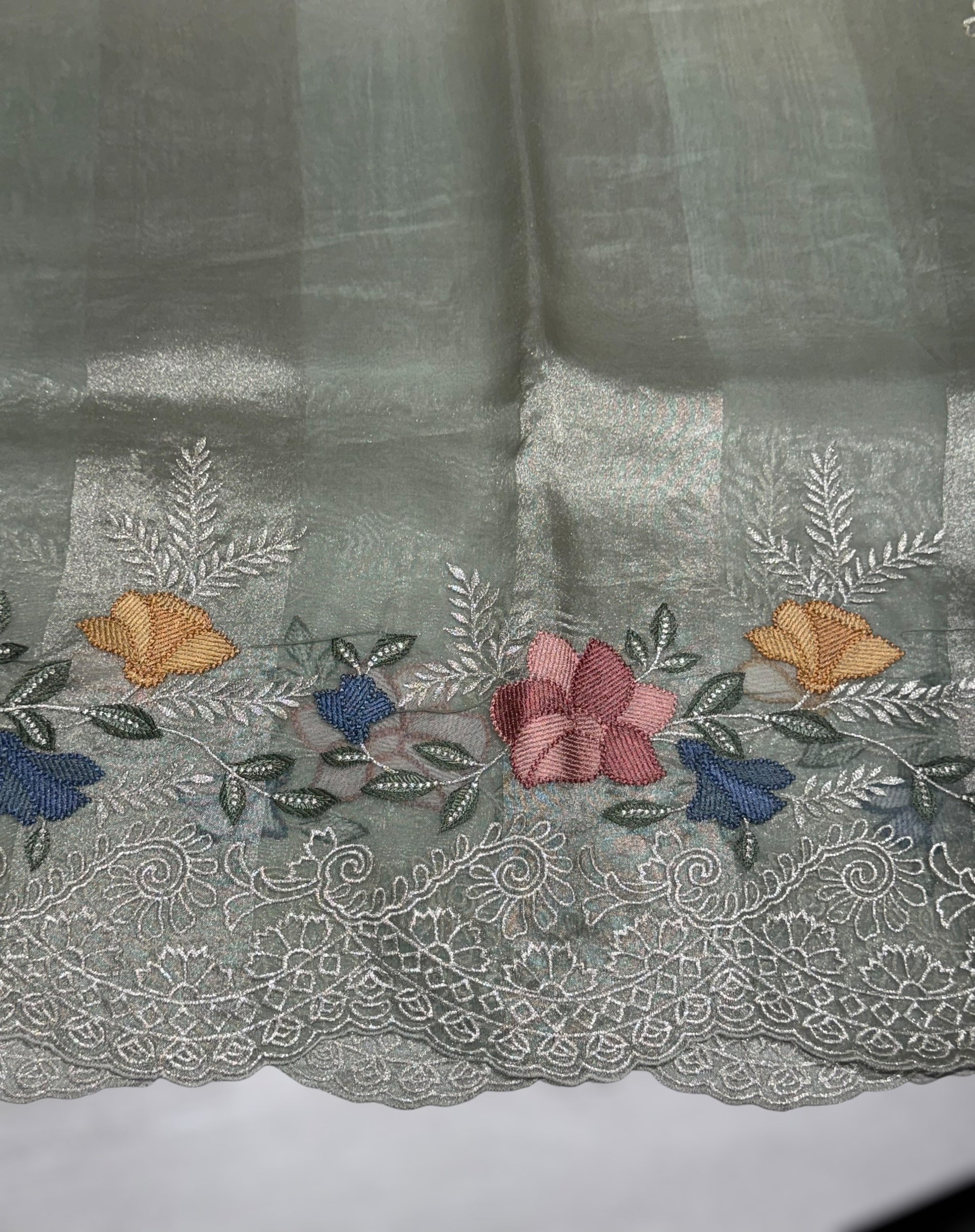 Mint & Silver Ombre dyed Tissue Saree with Cutwork embroidered Borders